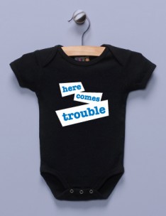 "Here Comes Trouble" Black Infant Bodysuit